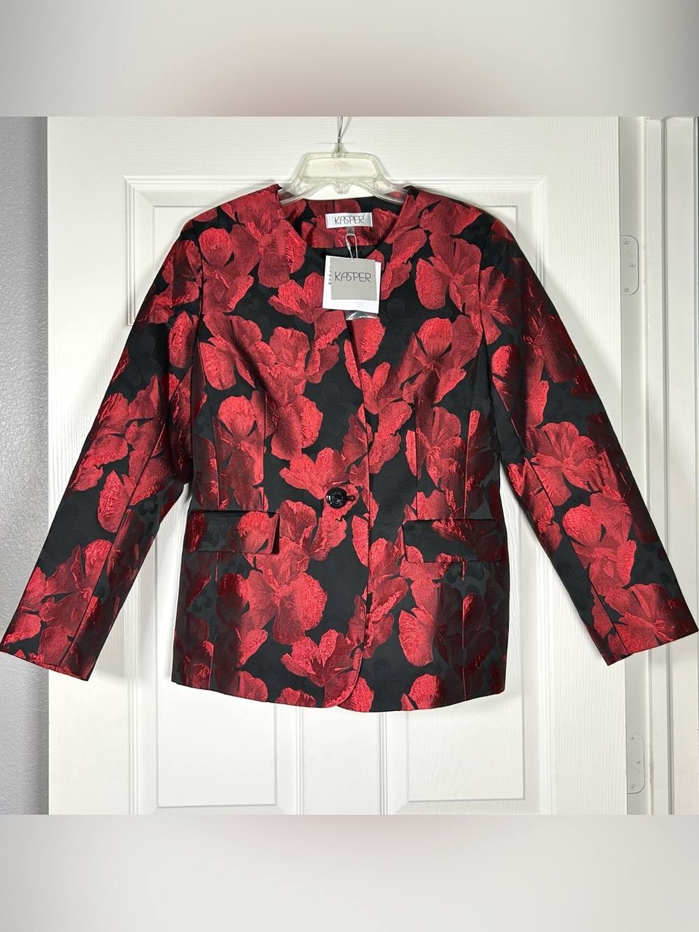 Kasper Floral Jacquard Collarless Jacket Women’s 12 Fire Red Black NWT MSRP $159